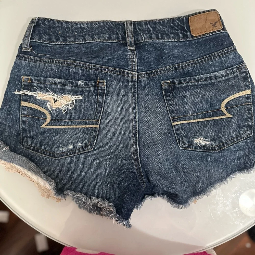 American Eagle Outfitters Women's Dark Blue Jean Shorts with Lace - Picture 5 of 5